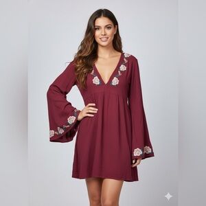 Forever 21 Burgundy Floral Long Sleeve Dress NWT Bohemian Bell Sleeves Babydoll